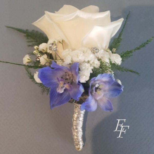 EF 815 B2 Standard White Rose with Blue Delphinium