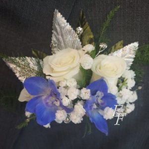 EF 815 B3 Pocket Boutonniere White Sweetheart Roses & Delphinium